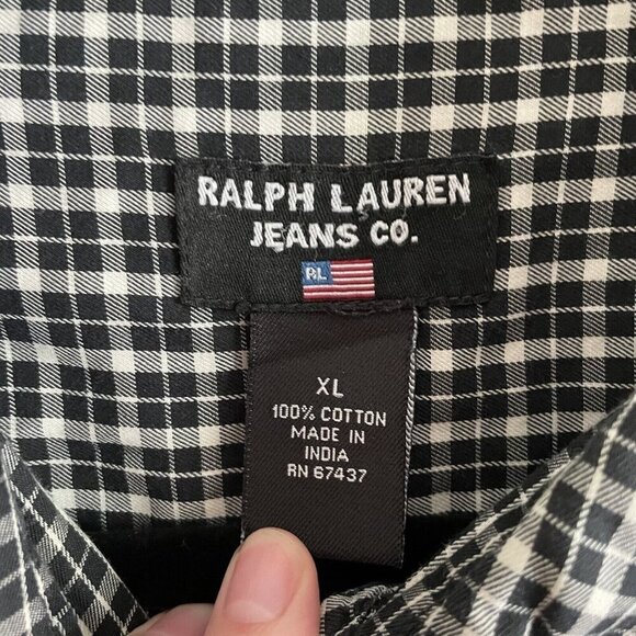 Ralph Lauren Jeans Co Mens SZ XL Black/White Plaid Long Sleeve Button Up Shirt - Picture 7 of 9